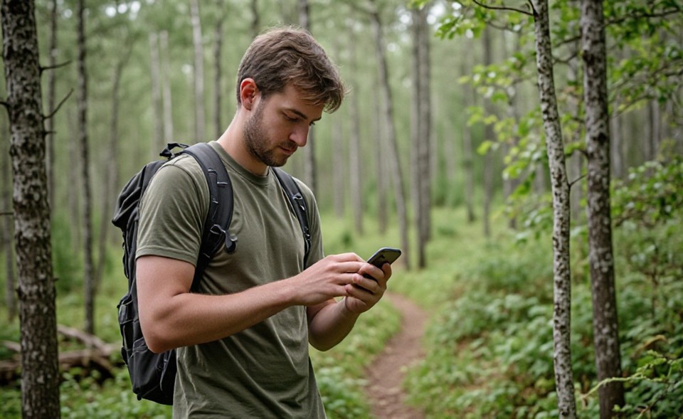 Person leder efter geocache i skov med GPS i hånden