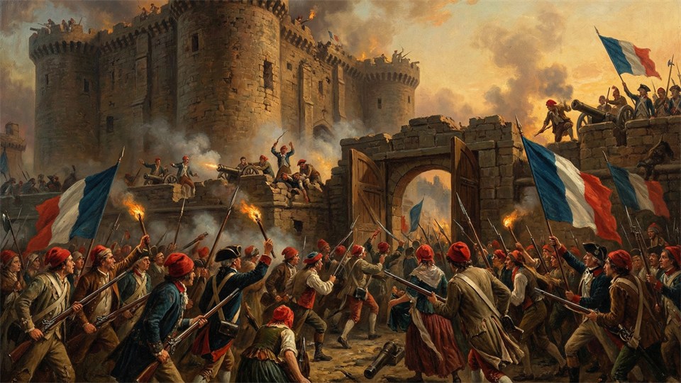 The Storming of the Bastille, a crowd takes over the prison in Paris