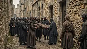 Billede fra en by hvor pesten hærger i 1300-tallet