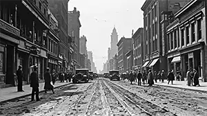 Billede af en gade i USA under den store depression