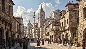 Billede fra en gammel by i middelalderen