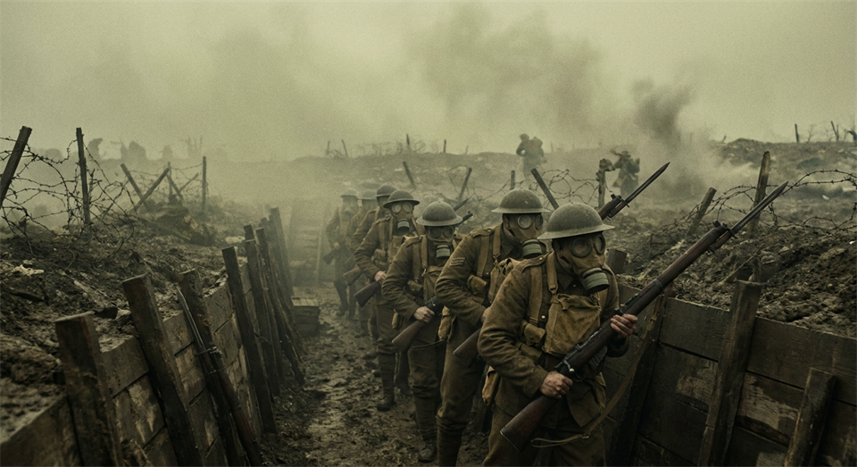Soldados con máscaras de gas durante la Primera Guerra Mundial