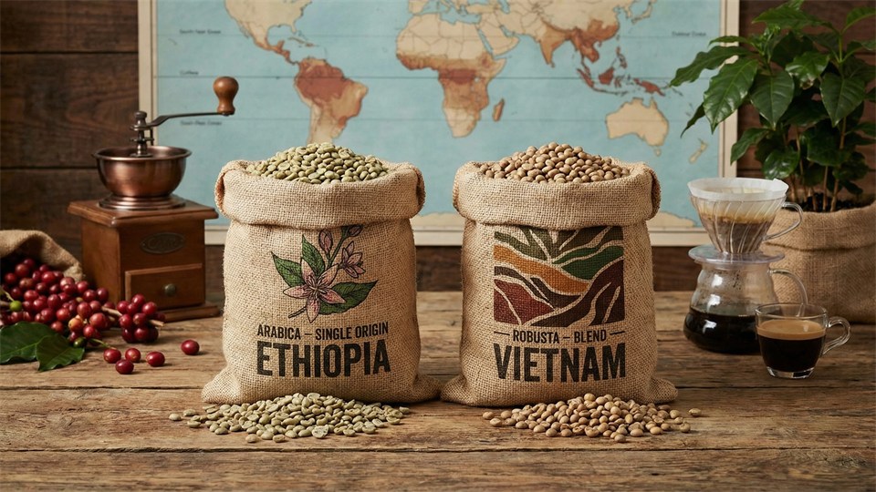 To kaffesække med Arabica og Robusta