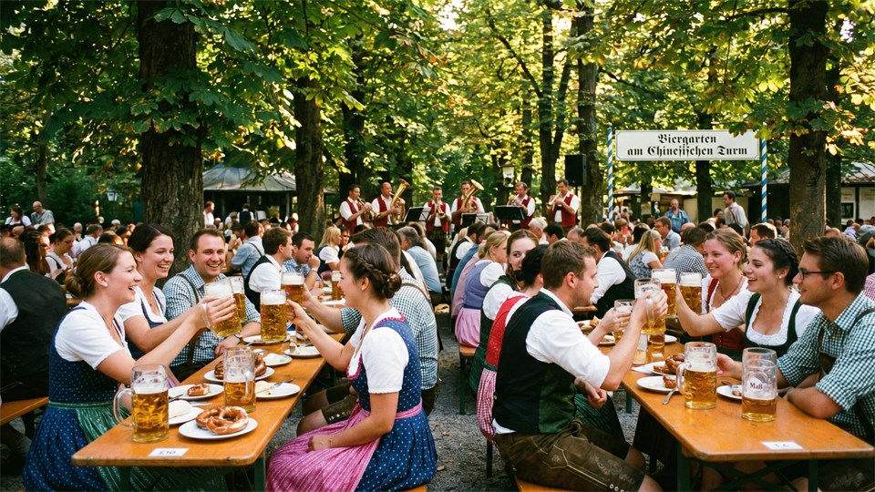 Bavarian beer garden with large mugs of beer and happy guests