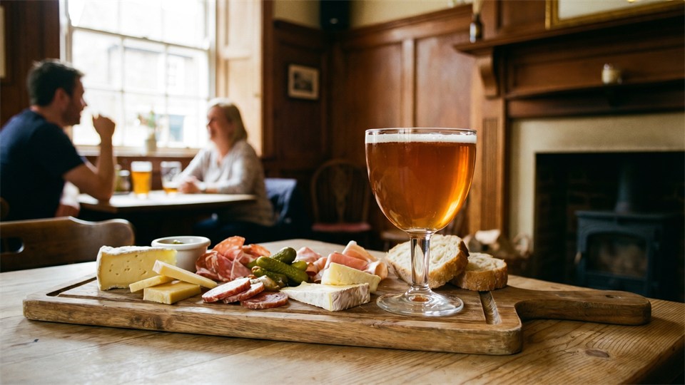 Belgisk øl serveret med ost og charcuteri på træbræt