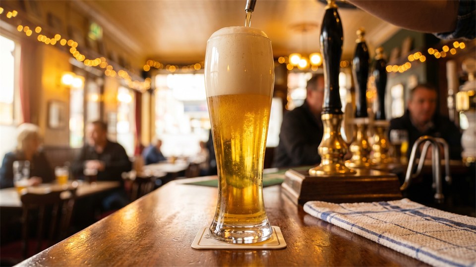 Fresh German pilsner poured into a slender glass