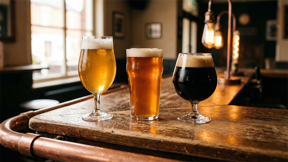 IPA, pale ale, and stout in different glasses