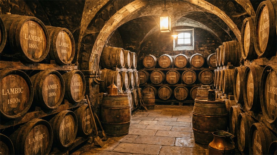 Gamle egefade til lagring af lambicøl i belgisk bryggeri