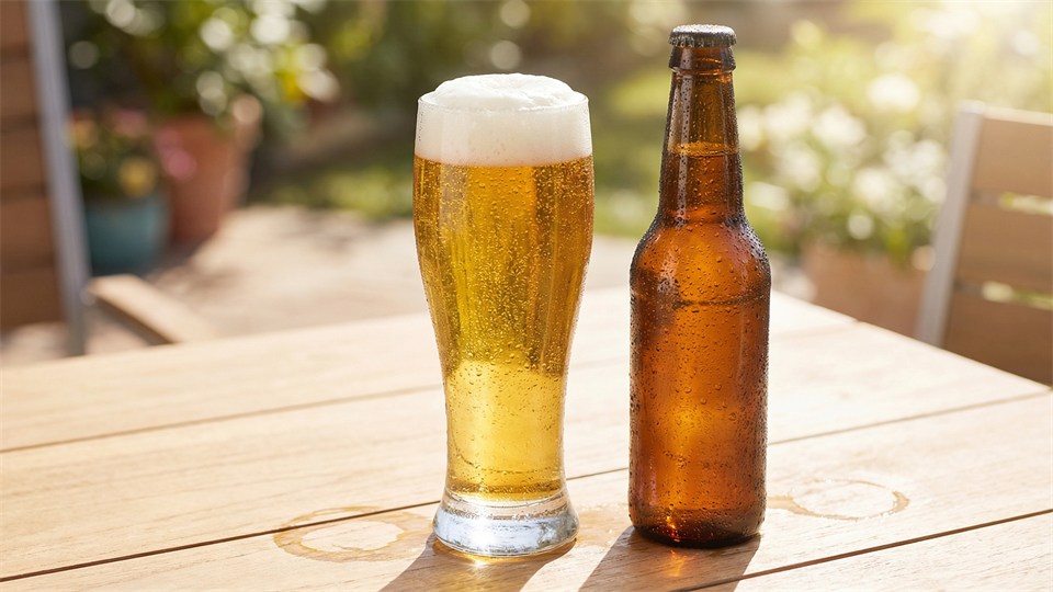 A pilsner glass and a bottle on the table