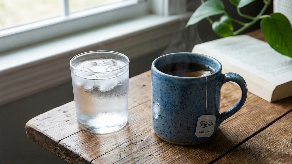 En kop te og et glas klart vand