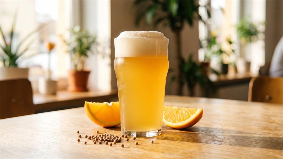 Et glas uklar belgisk witbier med appelsinskal