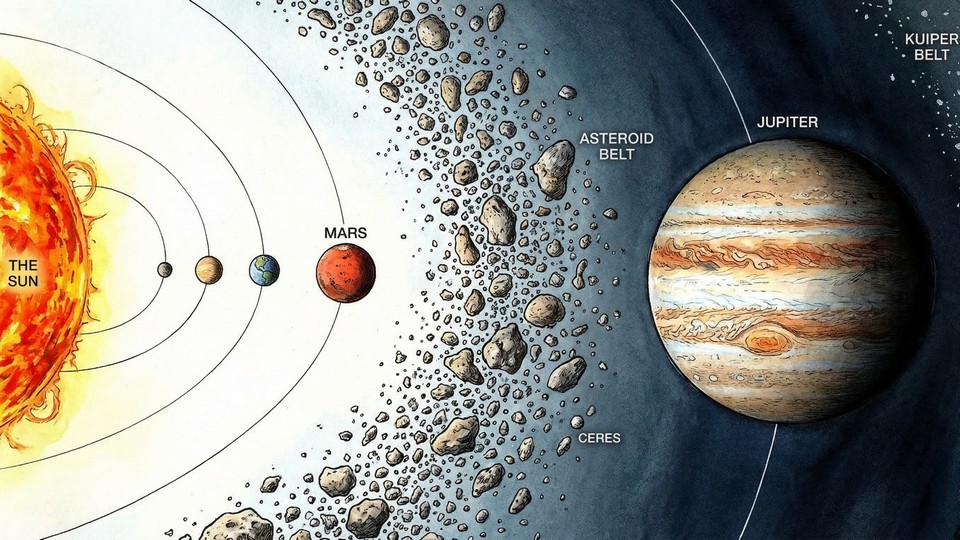 Illustration af asteroidebæltet mellem Mars og Jupiter