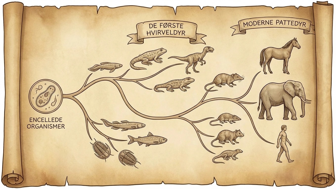 Illustration af livets udvikling fra encellede organismer til moderne pattedyr