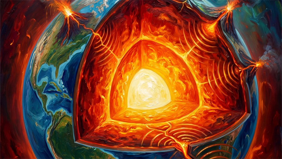 Visualisierung des Erdkerns und des von ihm erzeugten Magnetfelds