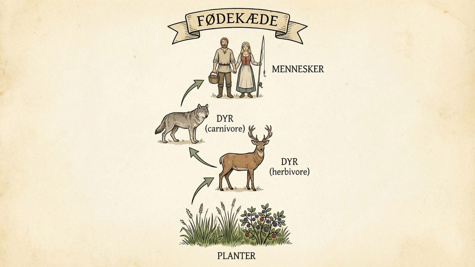 Fødekæde med planter, dyr og mennesker