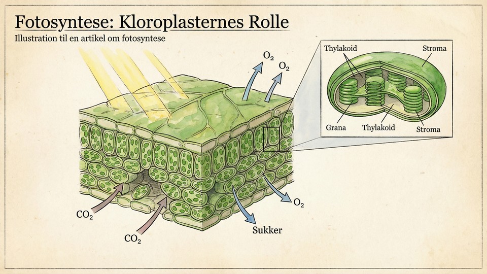 Illustration af et blad med kloroplaster