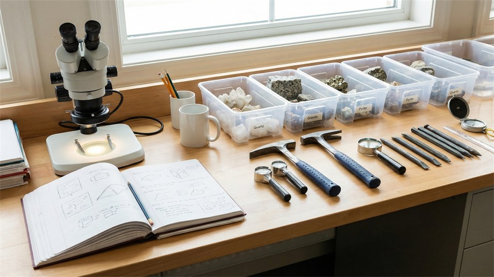 Geologische Werkzeuge und Proben in einem Labor