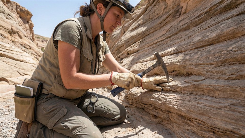 Geologe untersucht Gesteinsschichten im Feld mit Hammer