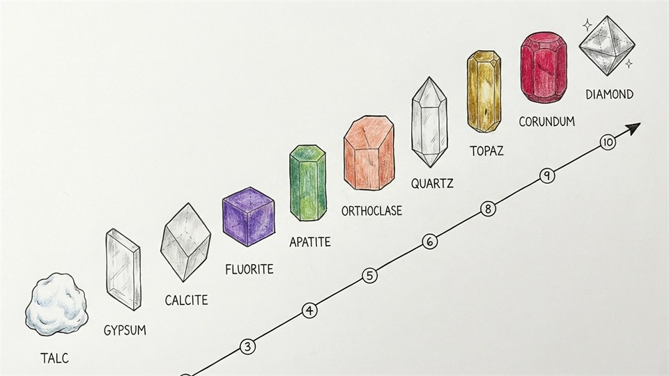 Illustration der Mohs'schen Härteskala mit verschiedenen Mineralien