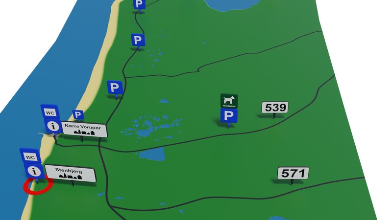 Kort med markering for P-pladsen ved Stenbjerg