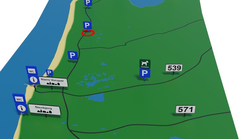 Kort med markering for P-pladsen ved Tvorup N