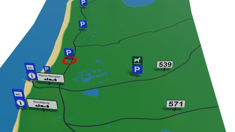 Kort med markering for P-pladsen ved Tvorup S