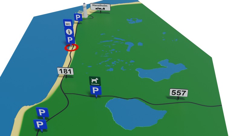 Kort med markering for P-pladsen ved vildt-reservatet