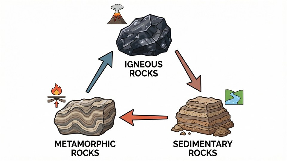 Illustration mit magmatischen, sedimentären und metamorphen Gesteinen
