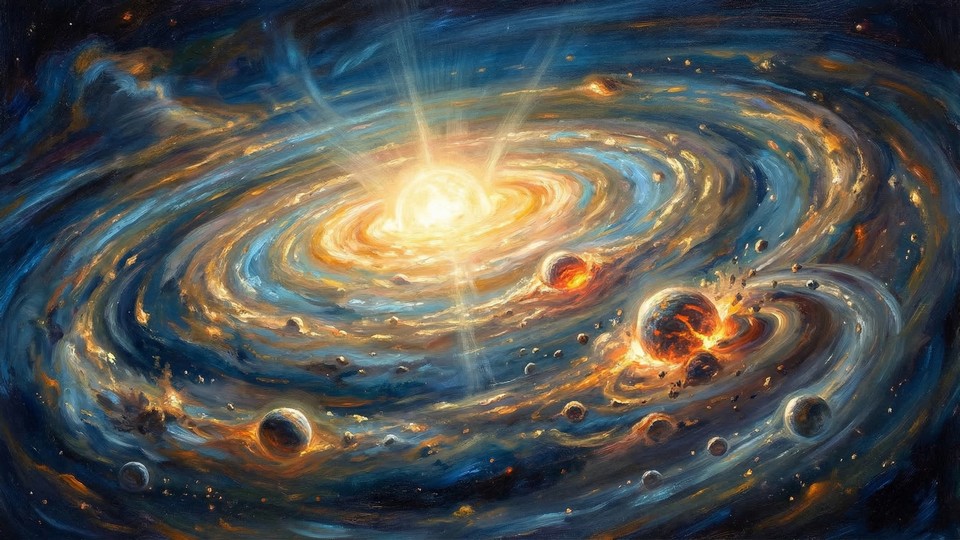 Kunstnerisk fremstilling af soltågens sammenklumpning til Sol og planeter