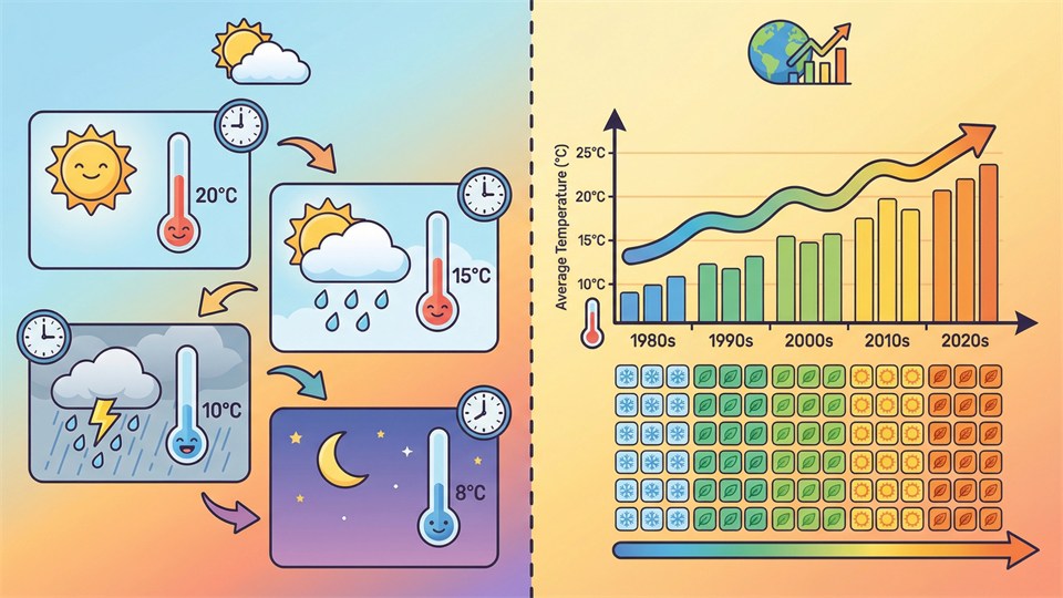 Illustration comparing weather and climate over time