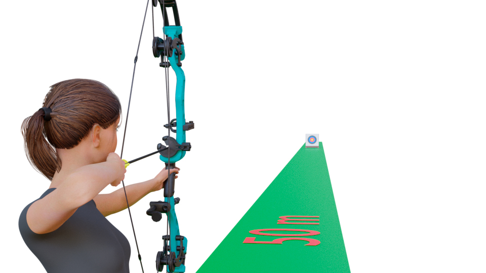 Grafisk visualisering af bueskytte, der sigter mod målskive fra 50 meter