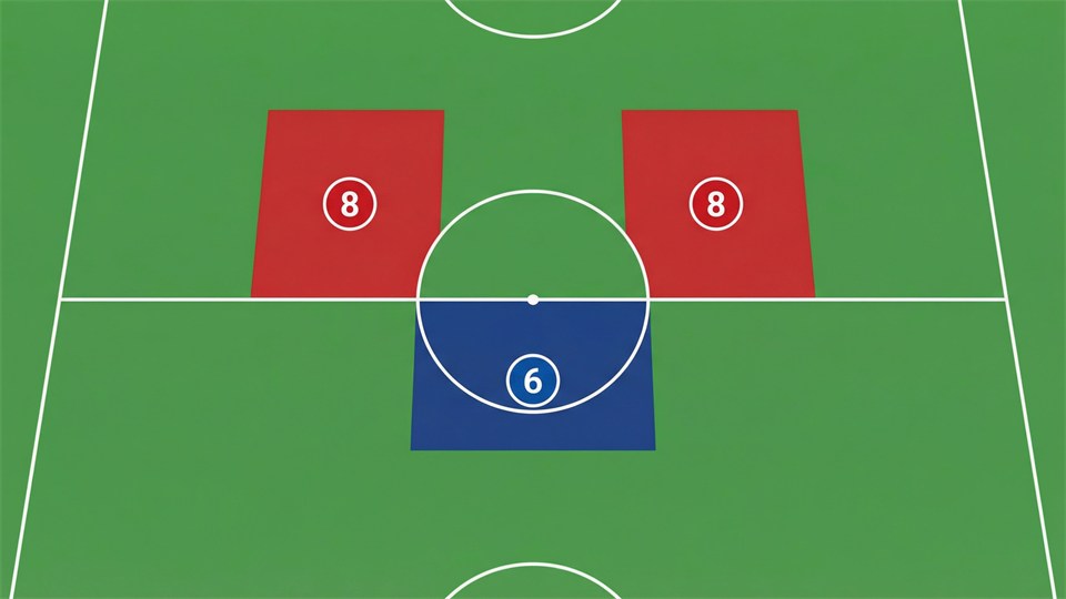 Ilustración del campo de fútbol con la marcación de las posiciones 6 y 8 en el centro del campo