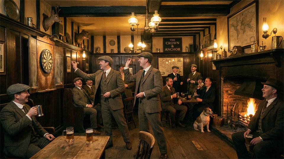 Folk der spiller dart på en engelsk pub i gamle dage