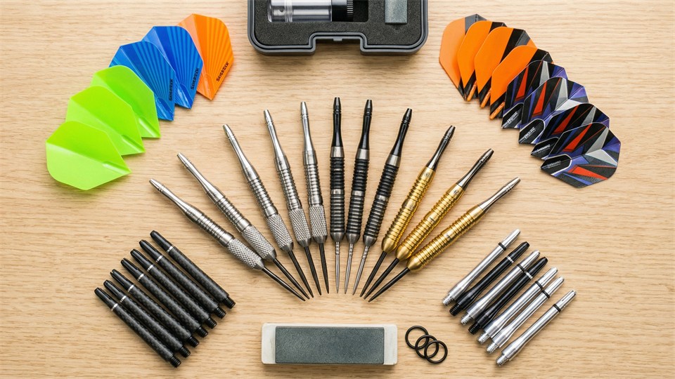 Moderne dartudstyr med tungstenpile og flights