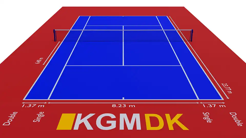 Visualisering af tennisbane med længde-angivelser i meter