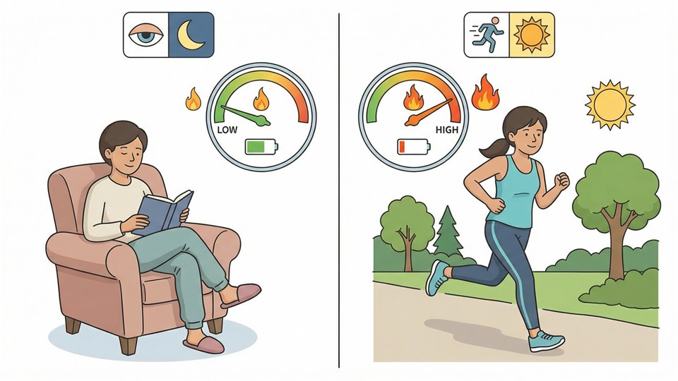 Person in Ruhe und Person in Bewegung zur Veranschaulichung des Energieverbrauchs