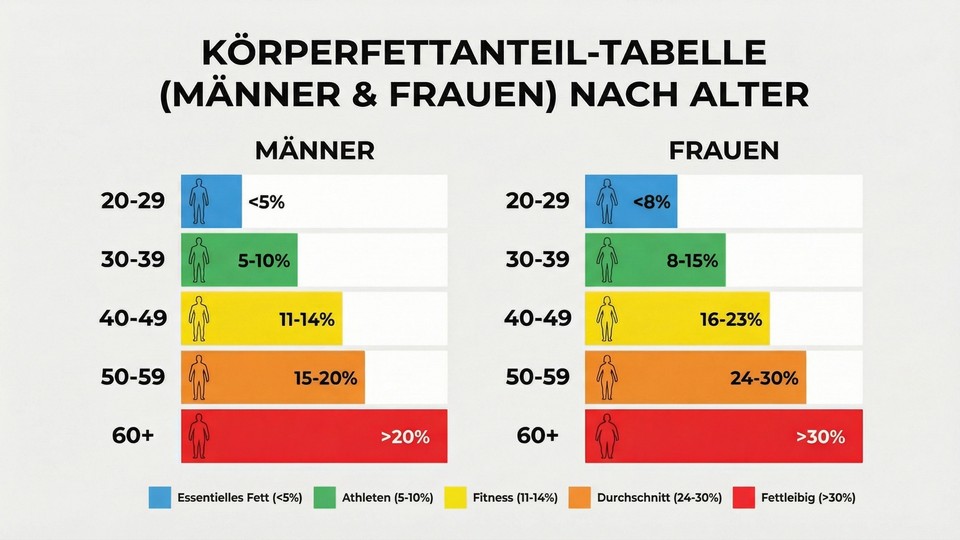 Illustration des Körperfettanteils bei Männern und Frauen in verschiedenen Altersgruppen
