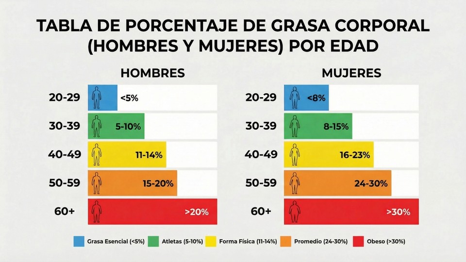 Ilustración del porcentaje de grasa corporal en hombres y mujeres en diferentes grupos de edad