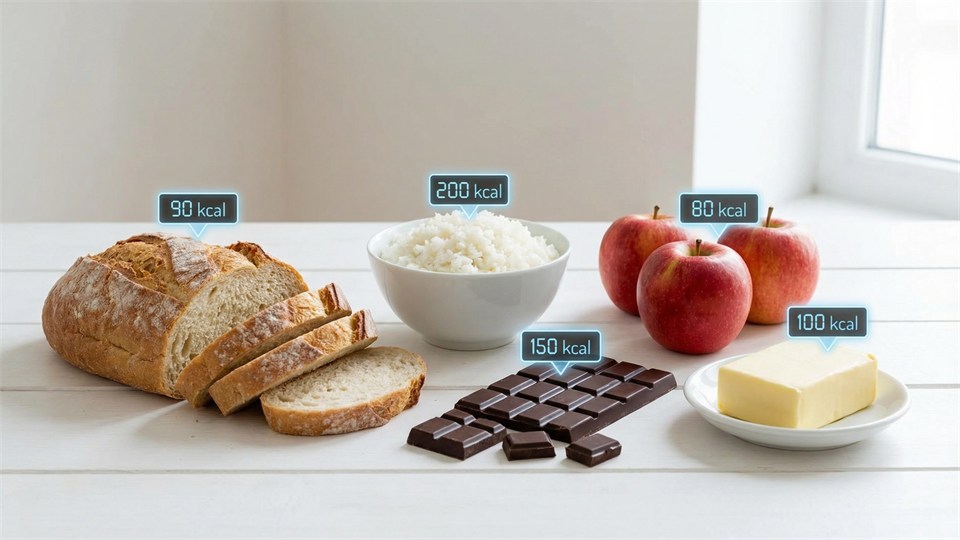 Mehrere Lebensmittel mit Kalorienangaben