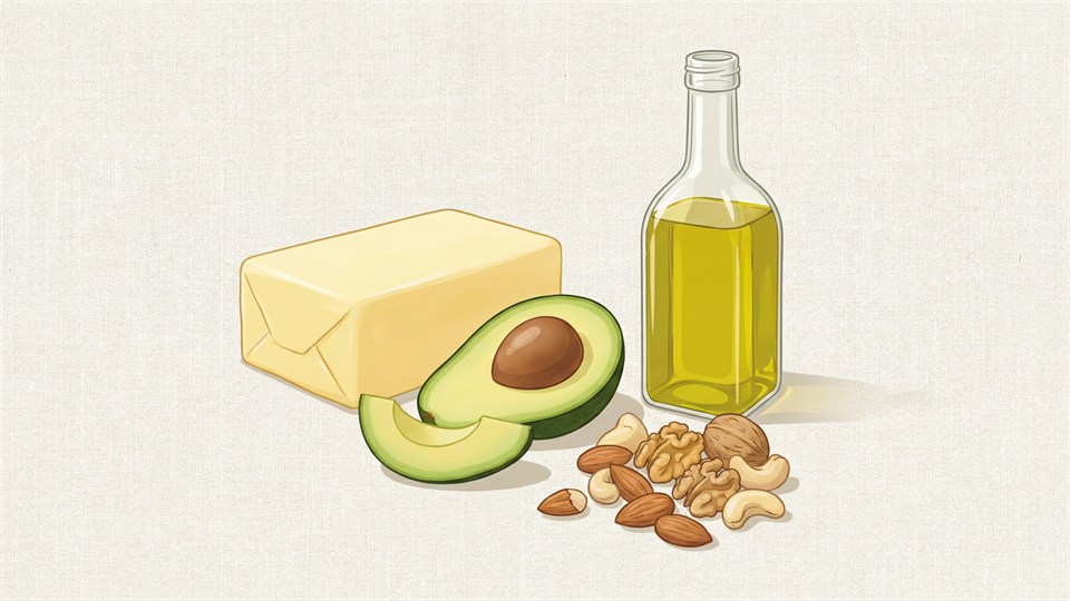 Illustration verschiedener Fettarten: Butter, Avocado, Olivenöl und Nüsse