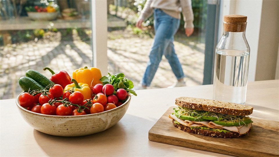 Ein Tisch mit Gemüse und Vollkornbrot und eine Person, die spazieren geht