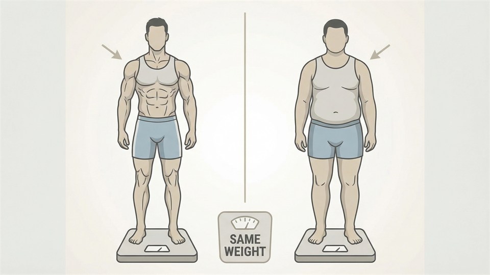 Vergleich von Muskelmasse und Fettmasse bei zwei Personen mit gleichem Gewicht