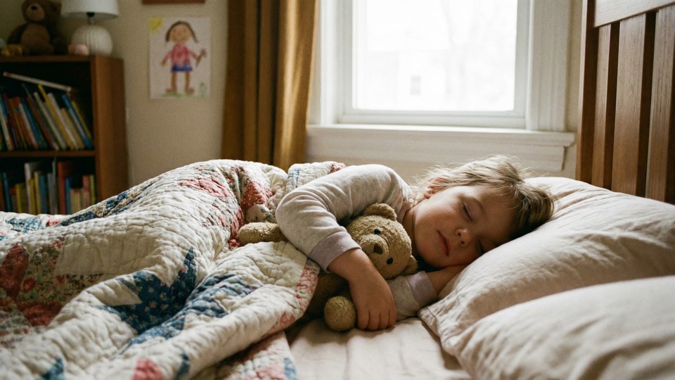 Et barn der sover trygt med et tøjdyr