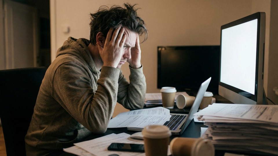 En person med hovedet i hænderne foran en computer