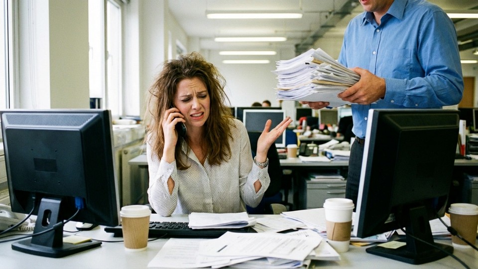 En travl arbejdssituation med mange papirer og stressede personer