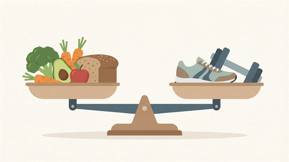 Eine Waage mit Essen auf der einen Seite und Bewegung auf der anderen, um Kalorienaufnahme und -verbrauch zu veranschaulichen