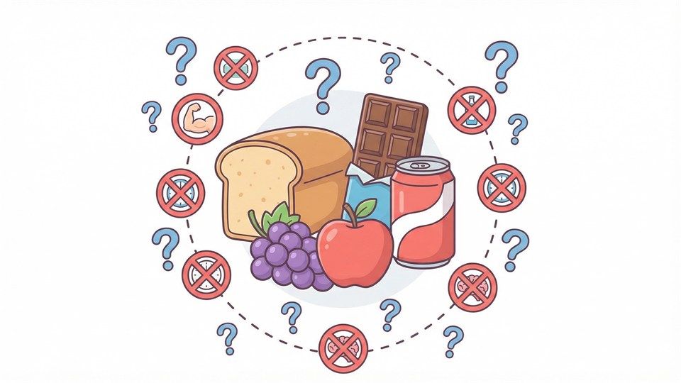 Illustration mit verschiedenen Lebensmitteln und falschen Behauptungen über Gewichtsabnahme