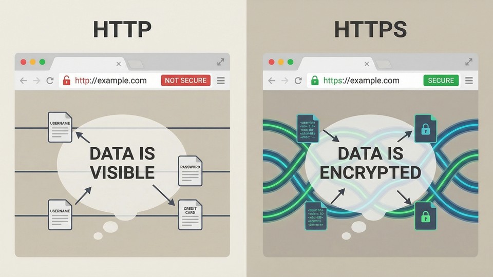 Browserskærm med låsesymbol og https-adresse