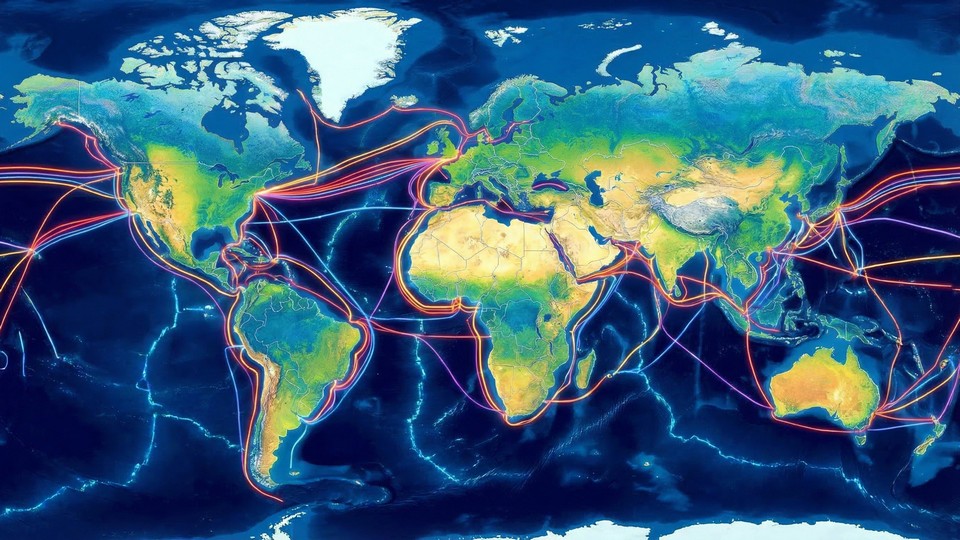 Kort over undersøiske internetkabler der forbinder kontinenter