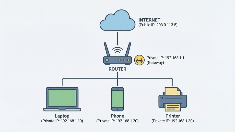 Eksempel på offentlige og private IP-adresser i et hjemmenetværk
